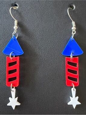 Acrylic Red White & Blue 4th of July Independence Day Rocket Fireworks Earrings